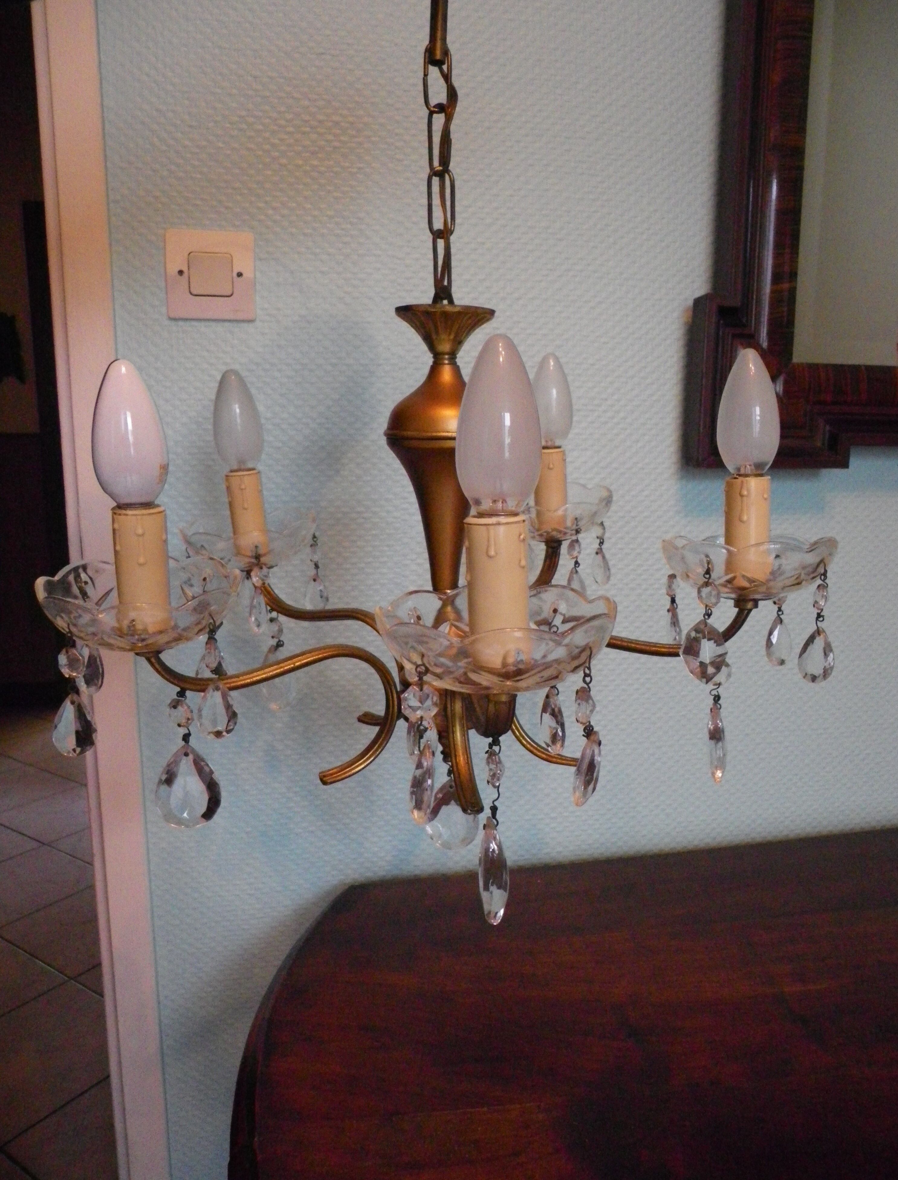 Suspension 5 lights, gold metal, glass cups with glass grapevines