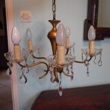 Suspension 5 feux, métal doré, coupelles en verre agrémentées de pampilles en verre