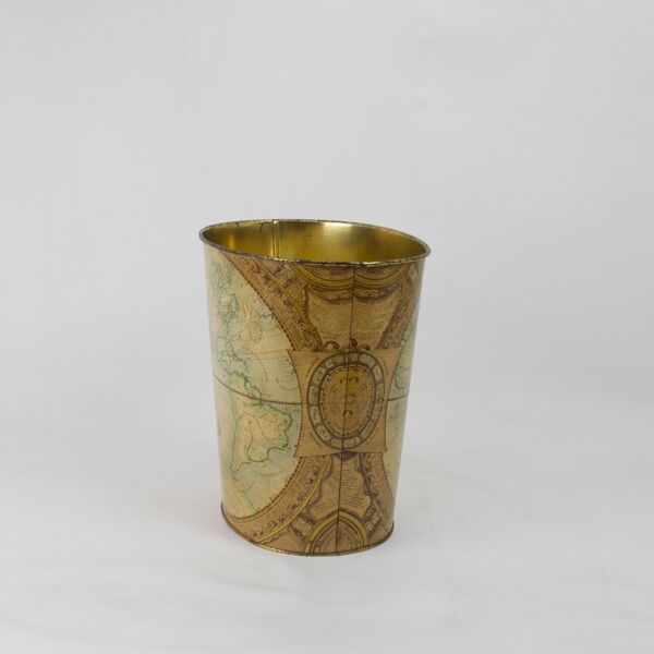 Wastepaper basket Massilly France vintage sheet metal decoration planisphere, 1960