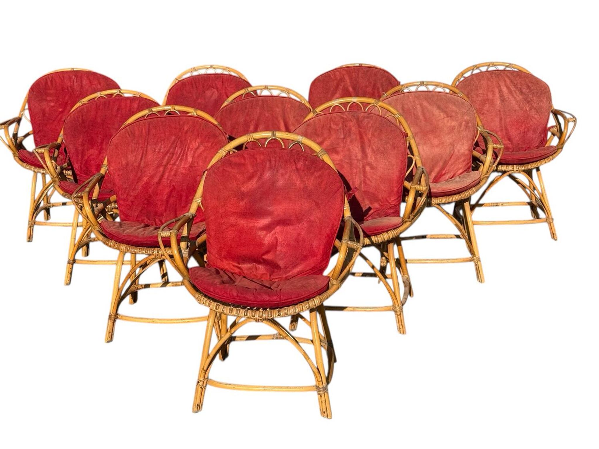 Set of 10 rattan armchairs from the 1960s, France.