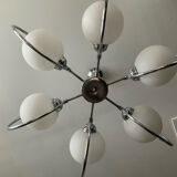 Art Deco chandelier with 6 lights in opaline glass and chrome metal.