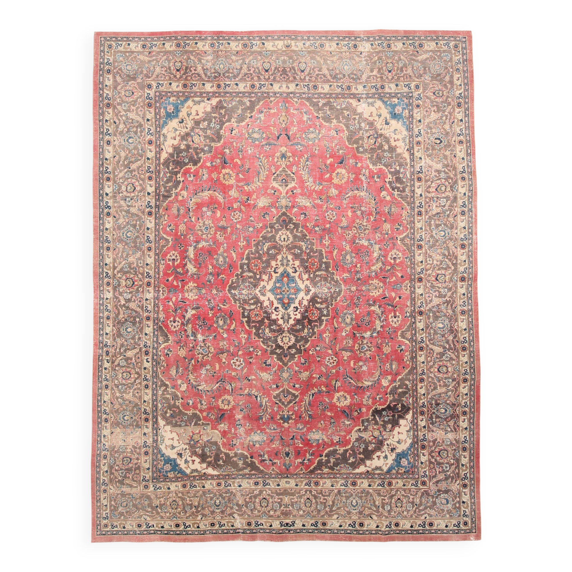 Tapis persan vintage en laine noué main, rouge, motifs floraux, 291x384 cm