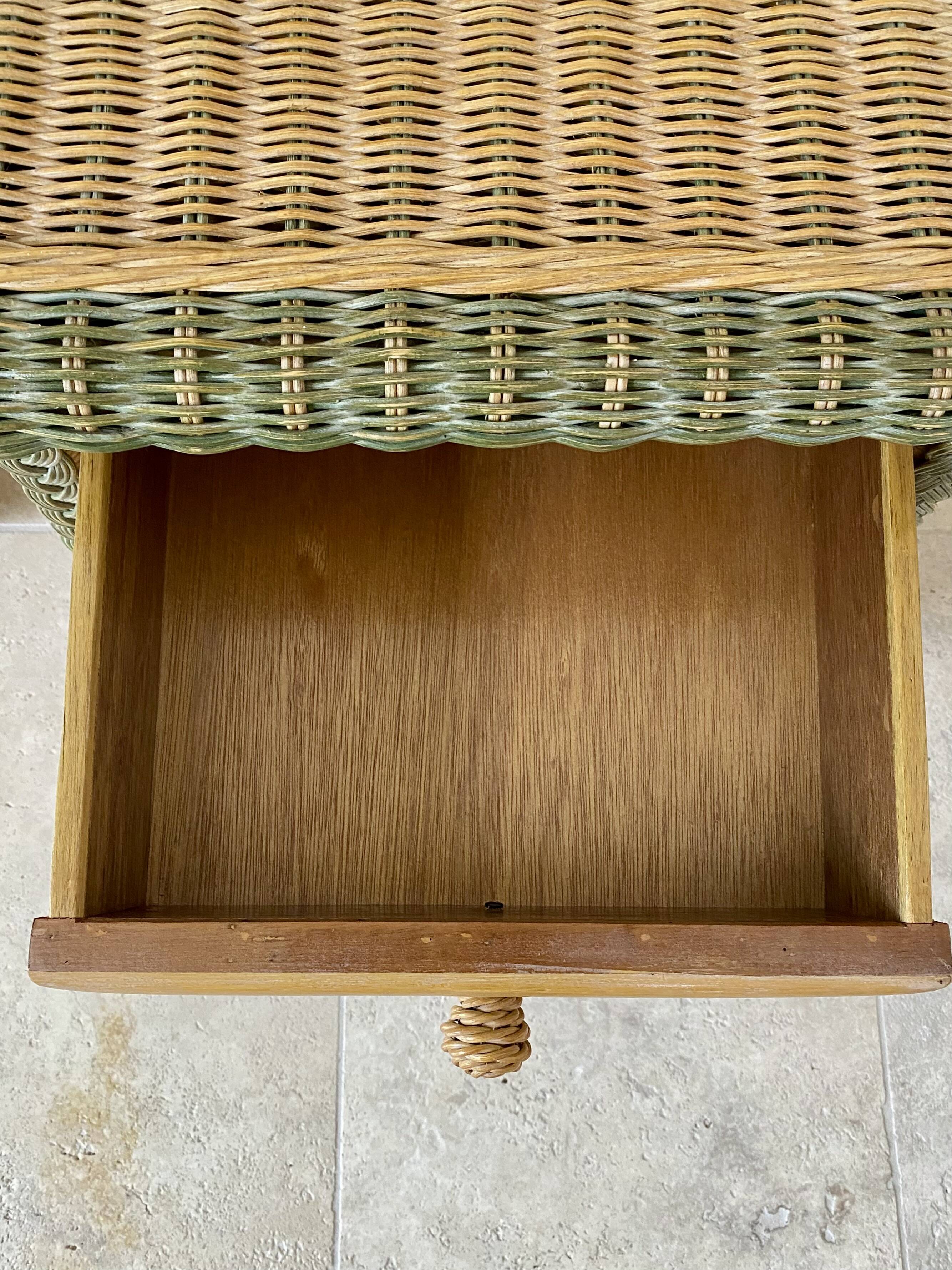 Set of 2 vintage woven rattan bedside tables.