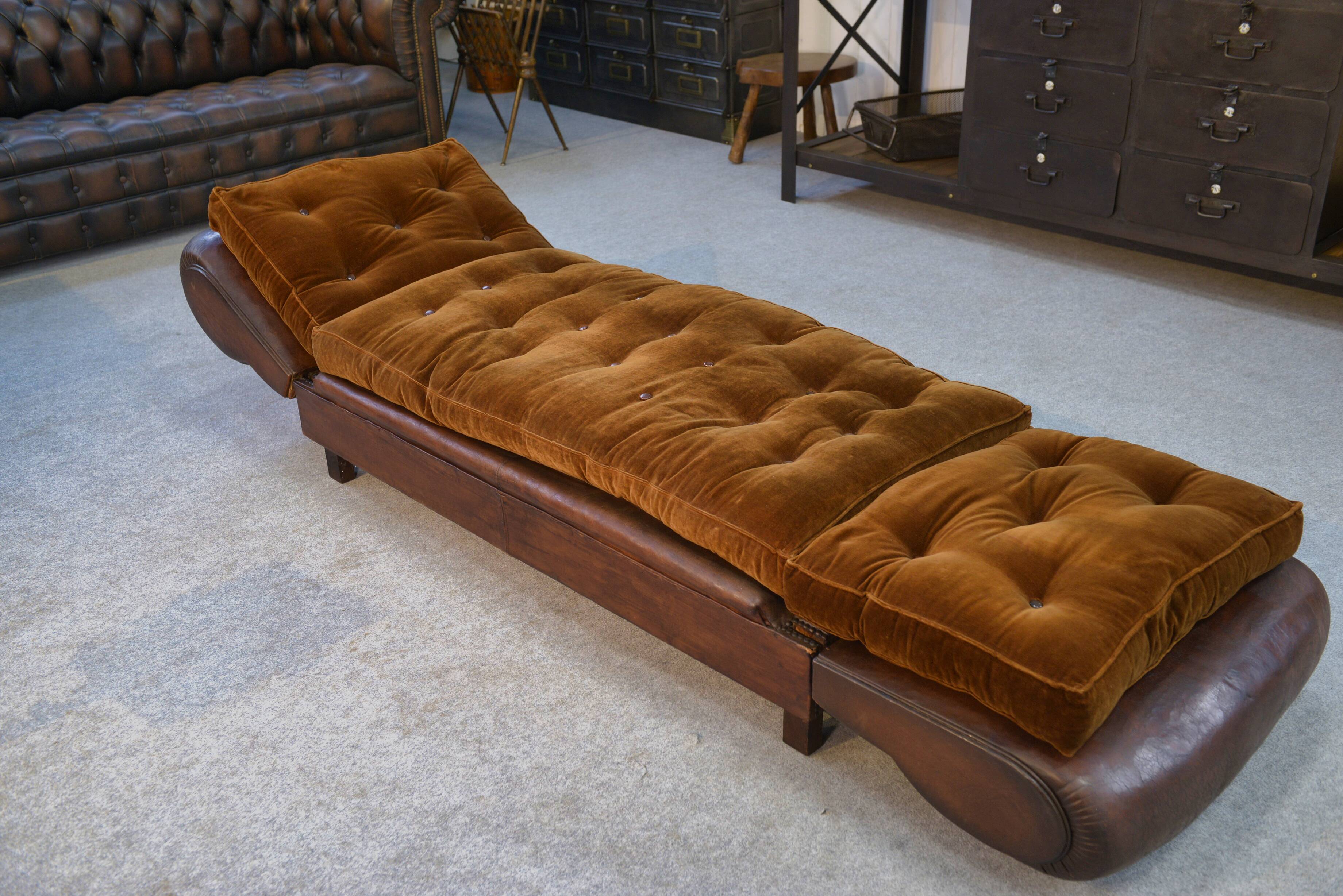 1920s convertible leather club bench with velvet seats