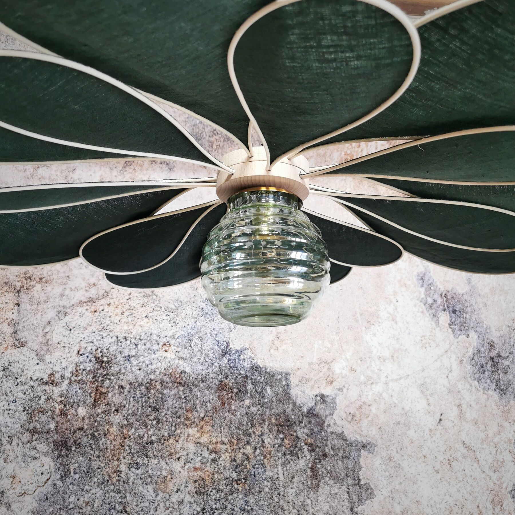 Suspension linen green fir, rattan and old vintage globe