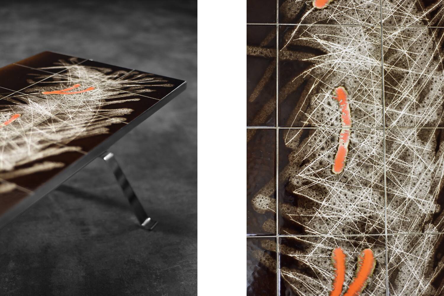 Modernist coffee table in ceramic and metal, 1970.