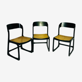 Suite of 3 vintage chairs Baumann cannage wood painted black