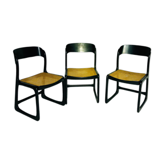 Suite of 3 vintage chairs Baumann cannage wood painted black