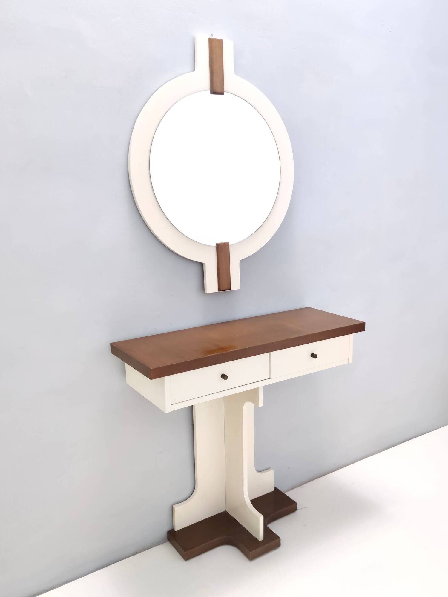 Postmodern Ivory Lacquered Walnut Wall Mirror and Console Table, Italy