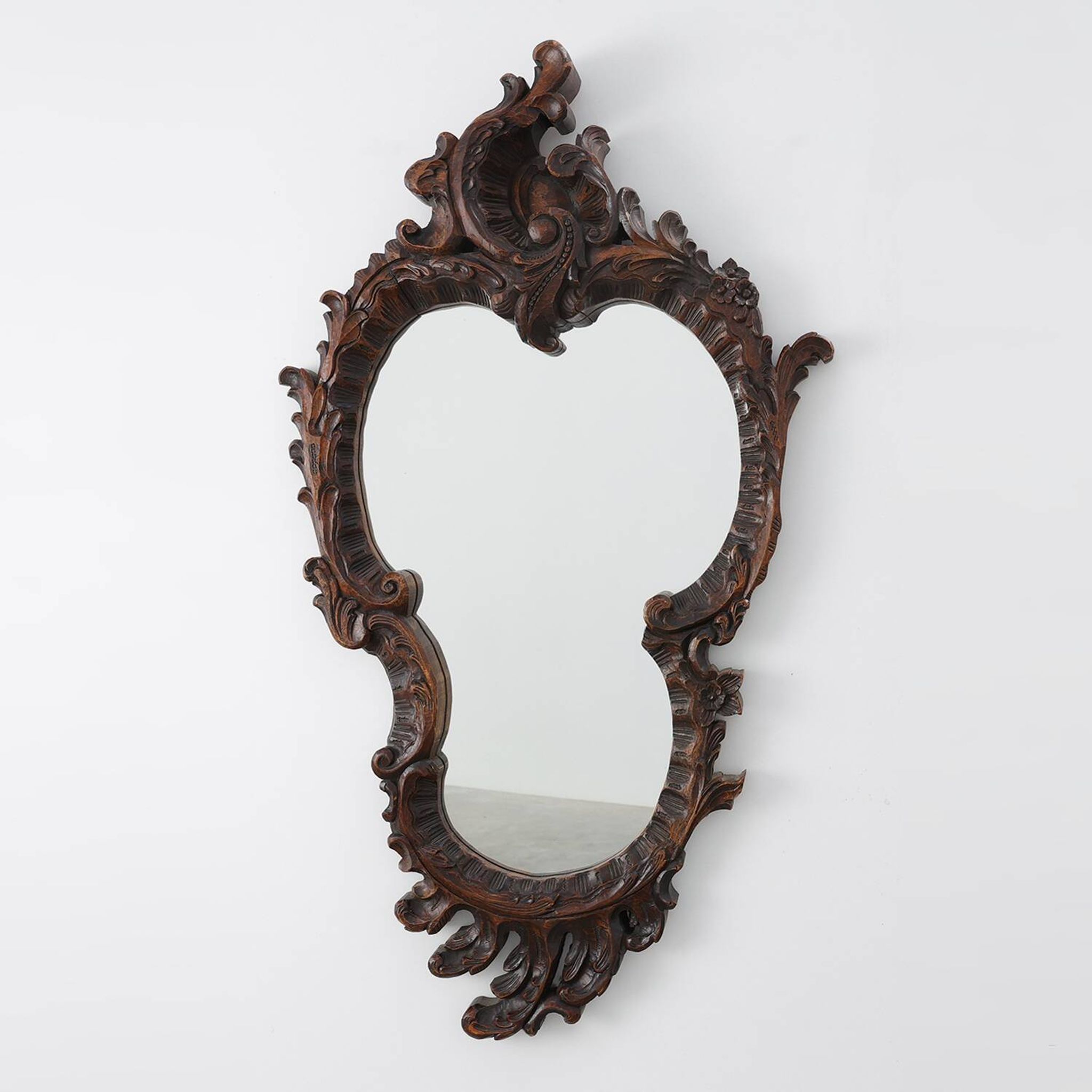 Rococo Style Carved Wooden Mirror with Cartouche-Shaped Glass, Italy