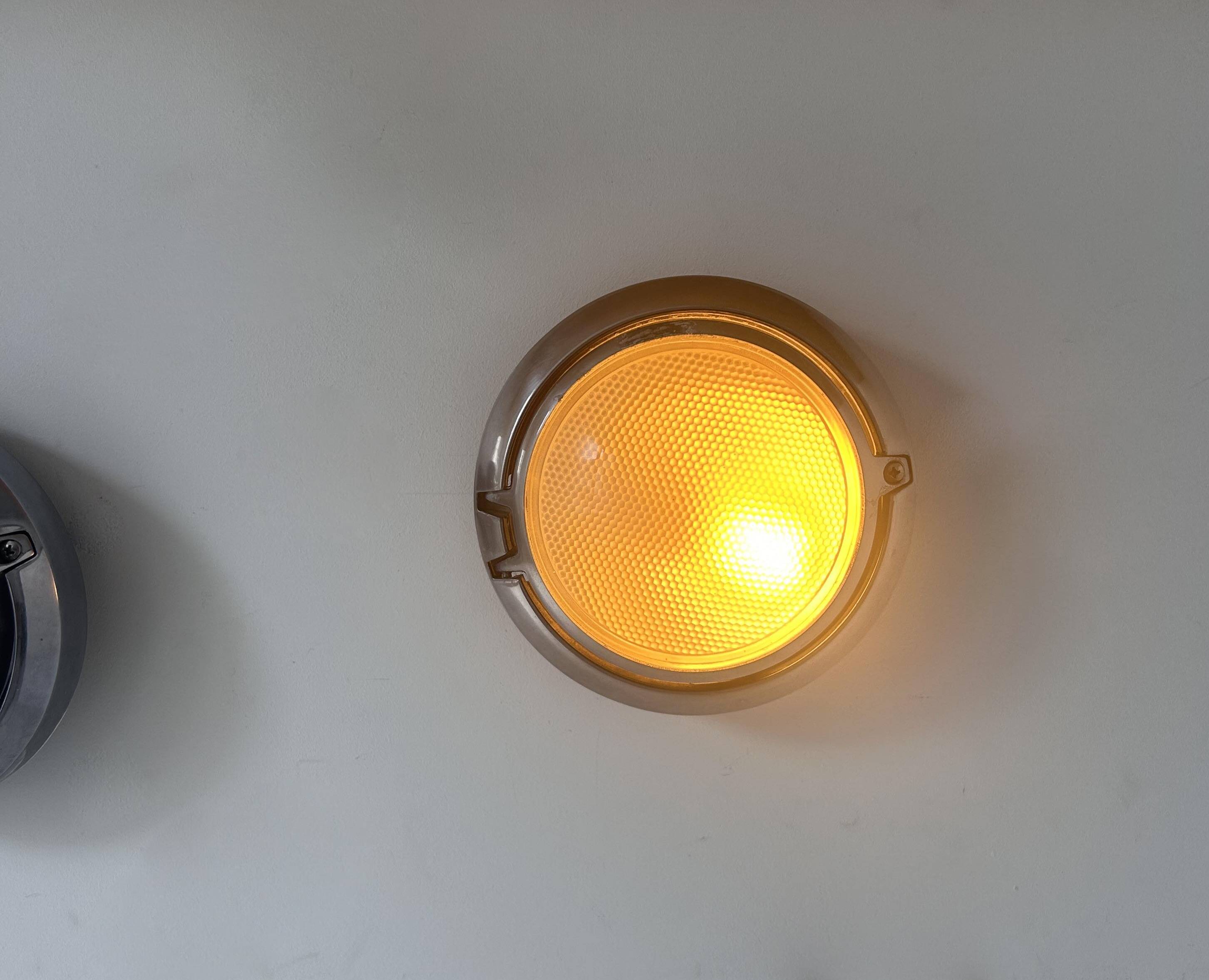 Pair of vintage wall lights, chrome and honeycomb sandblasted glass, Italy 1980