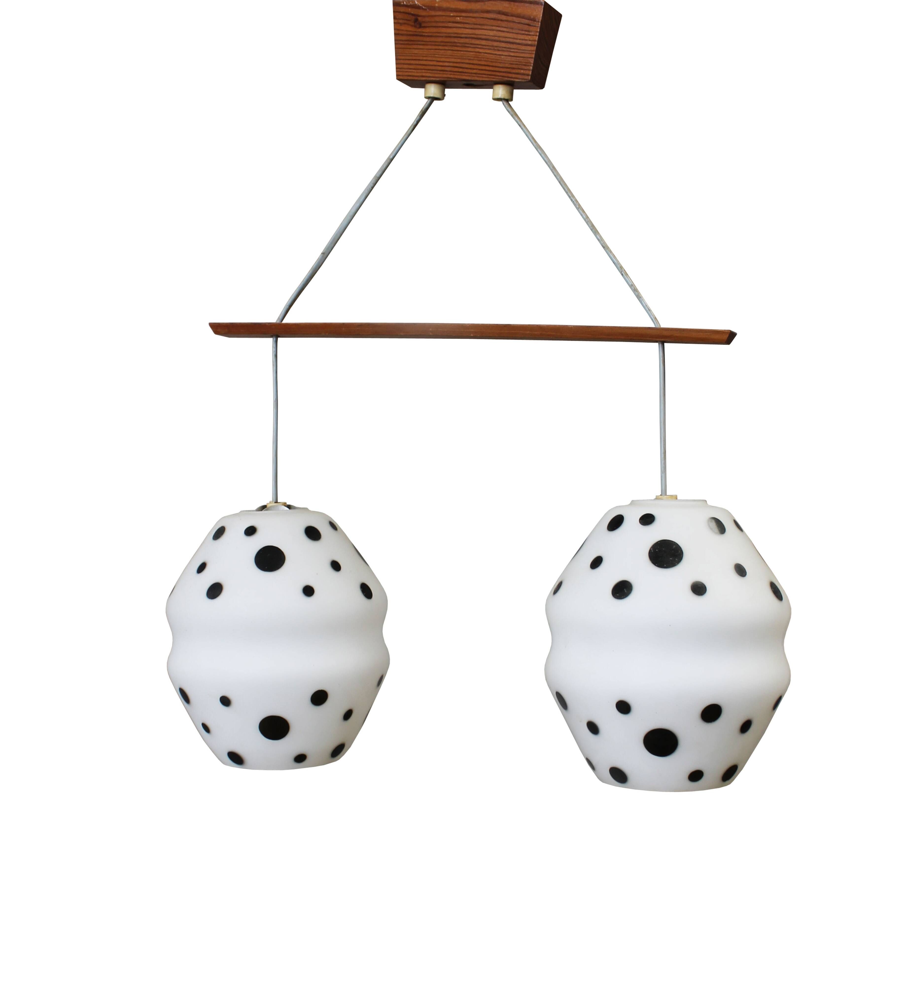 Vintage 1960s Czech Double Pendant Light with Black & White Opaline Glass