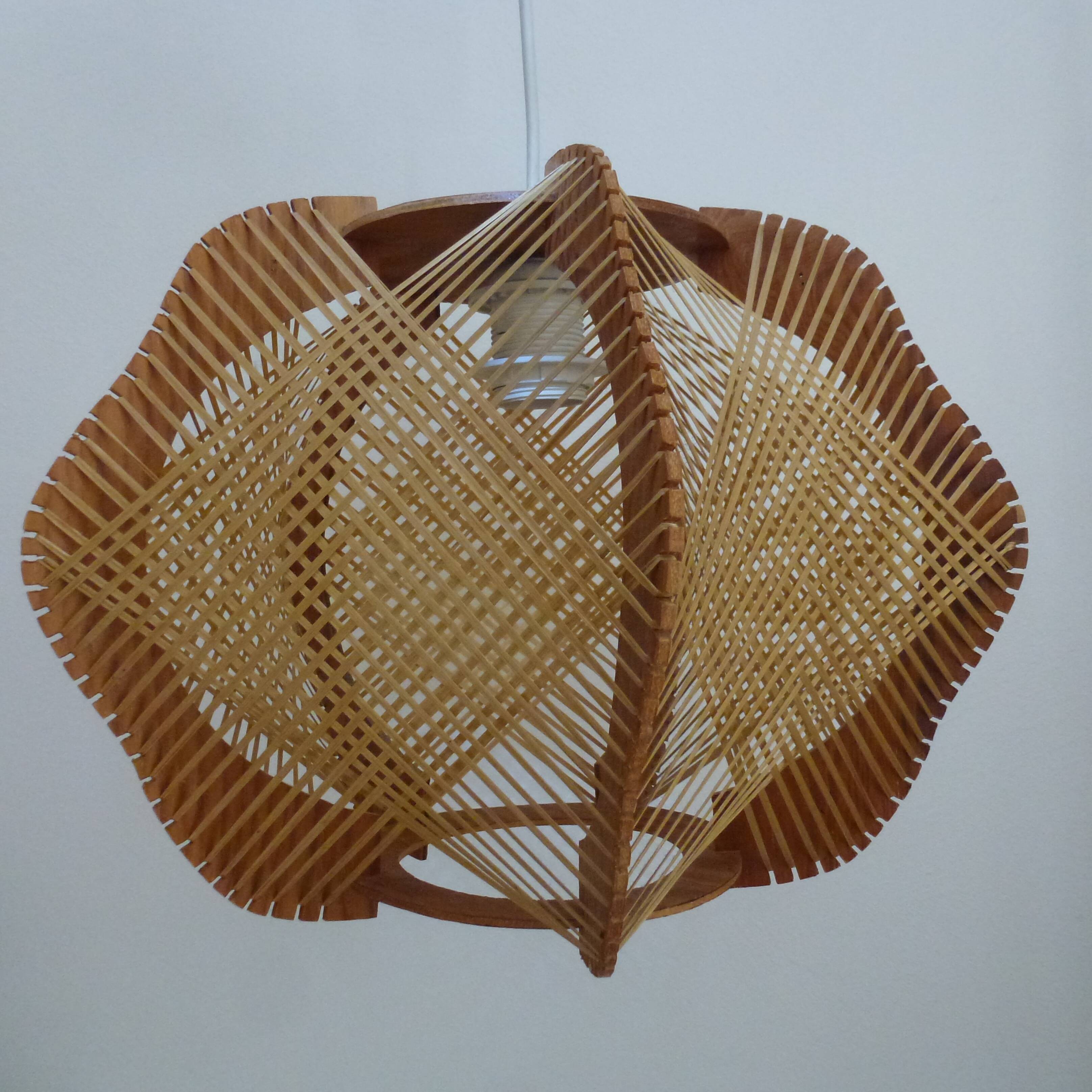 Vintage Scandinavian Pendant Lamp in Wood and Stretched Wires 1960s