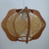 Vintage Scandinavian Pendant Lamp in Wood and Stretched Wires 1960s