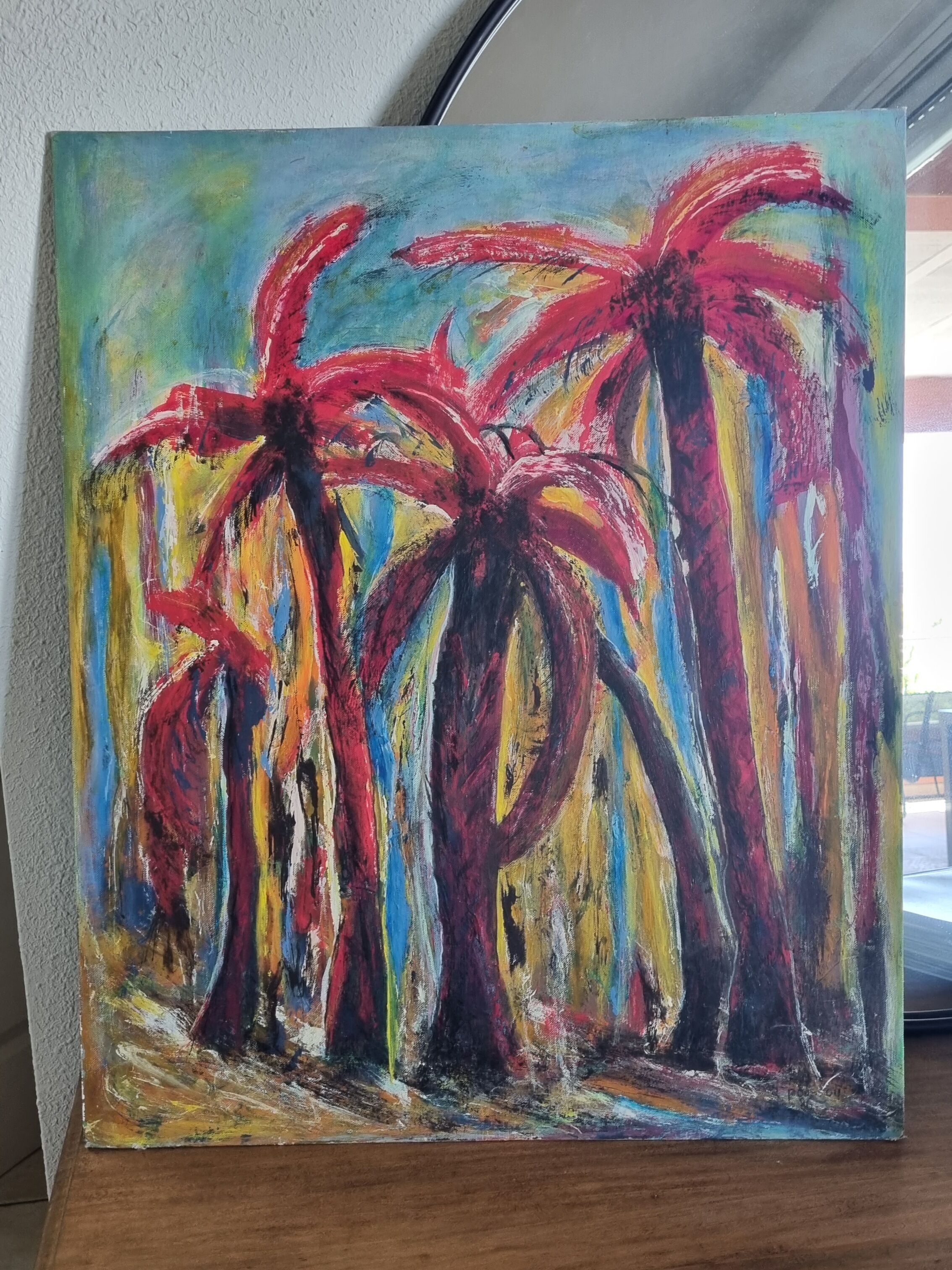 Peinture à l'huile abstraite palmiers signée