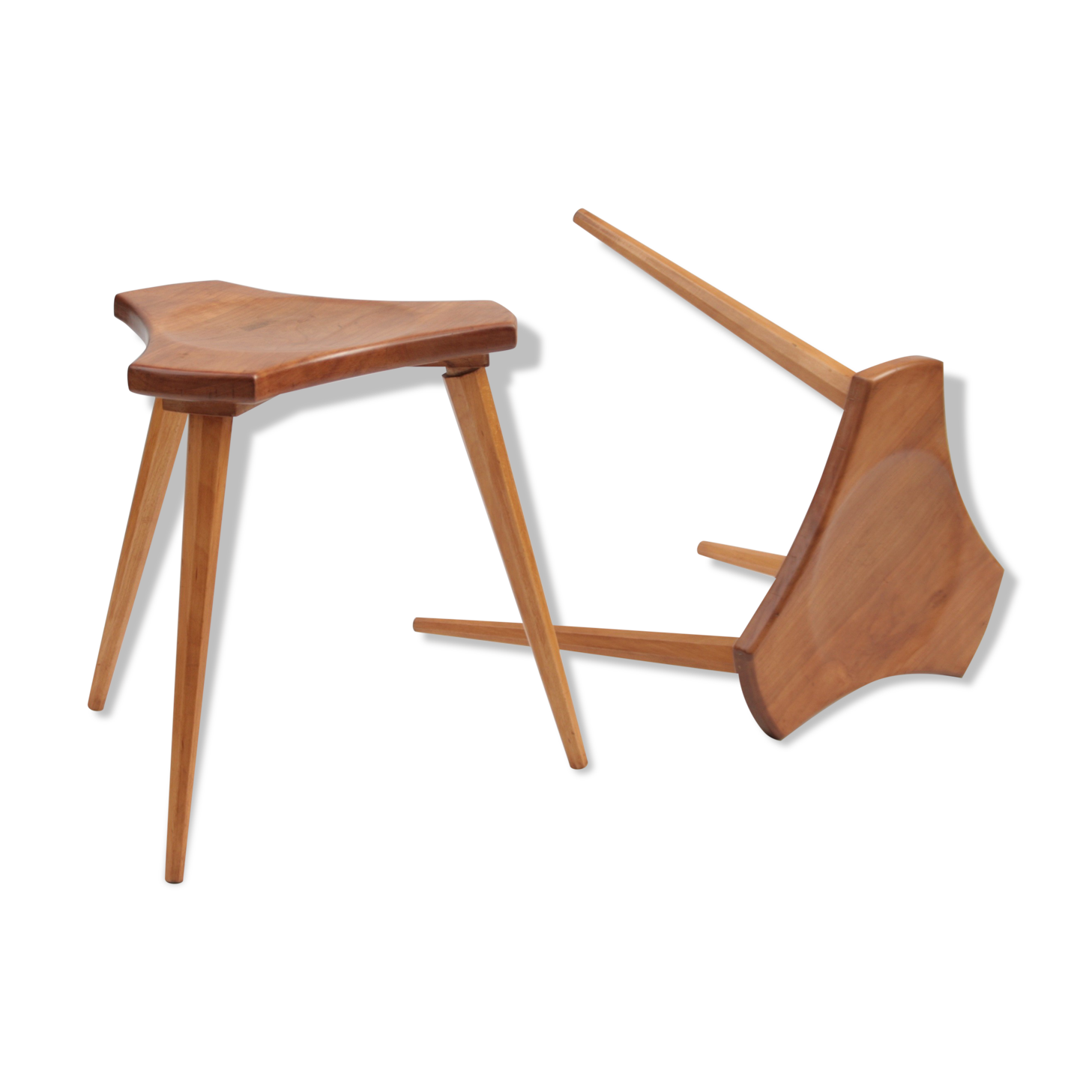 Lot of 2 beech and elm stools, France, 1950s