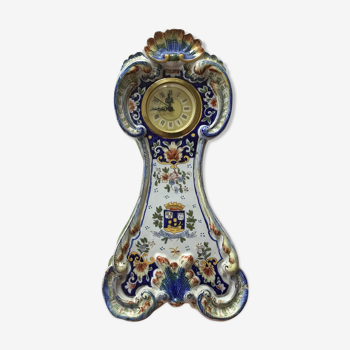 Vintage table clock, earthenware, Rouen décor