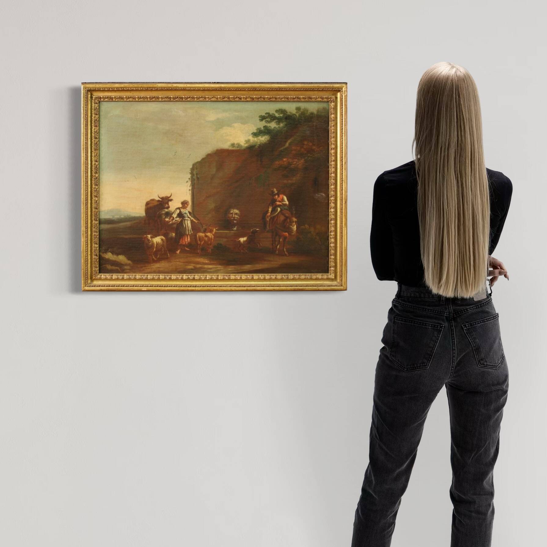 17th century bucolic landscape painting with figures, pastoral scene