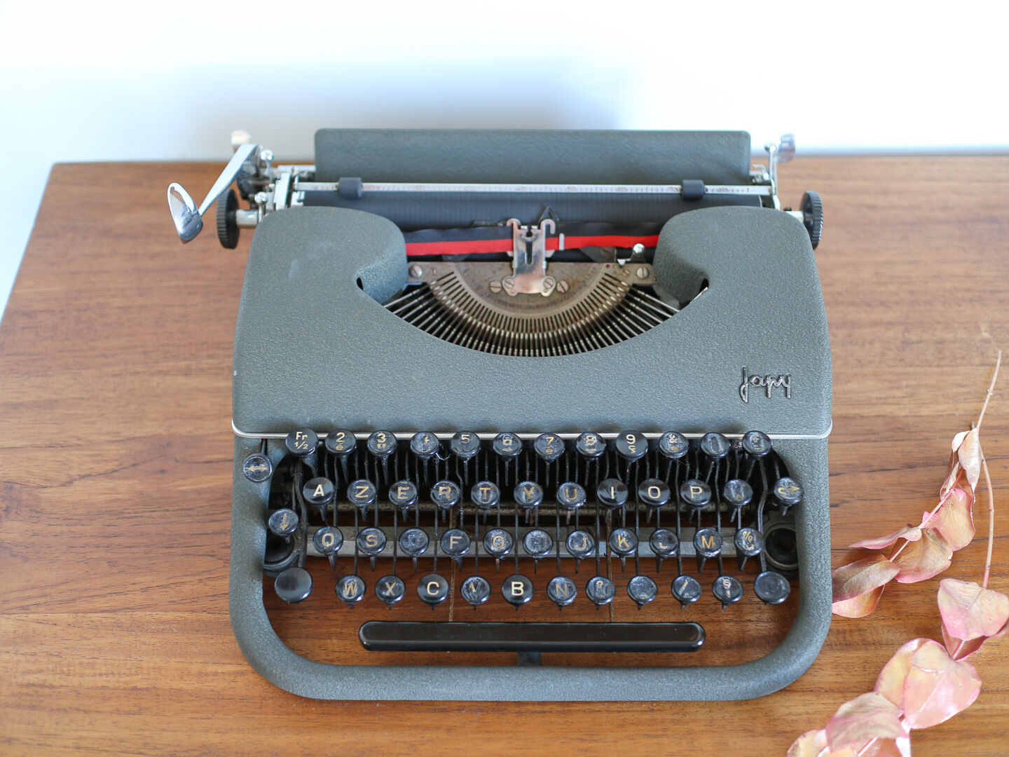 Japy grey-green typewriter with crate