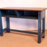 Antique Burmese teak school desk/chair set with original blue patina