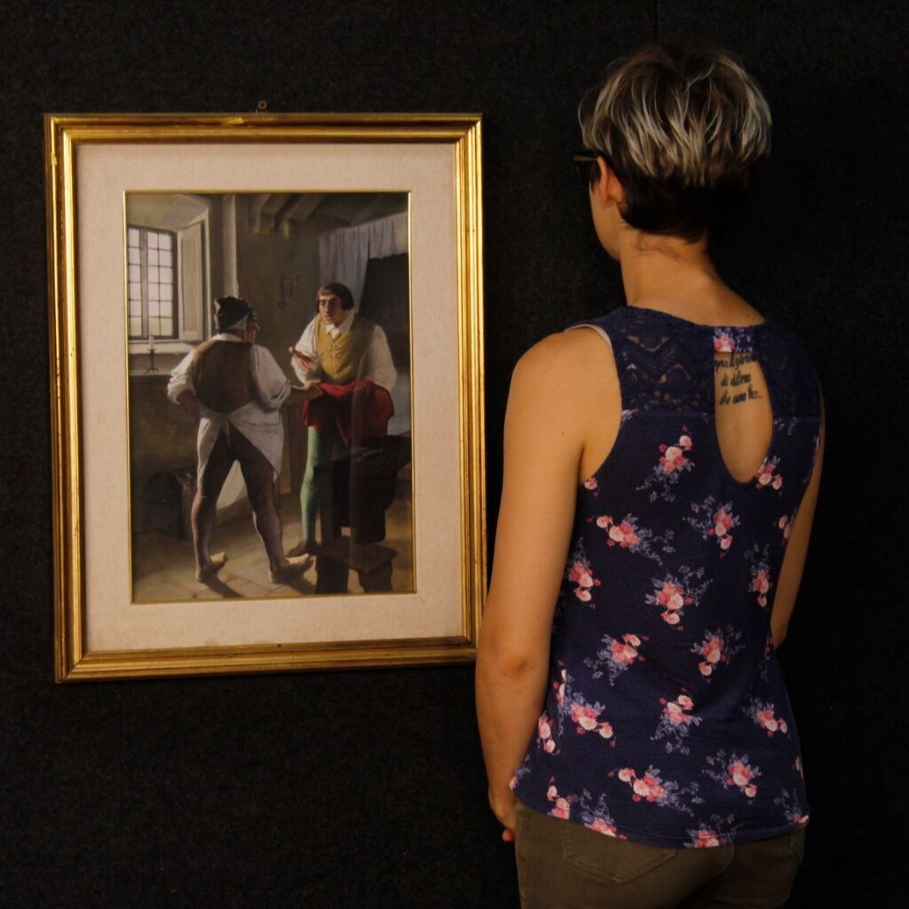 Italian painting interior scene with characters from XXth century