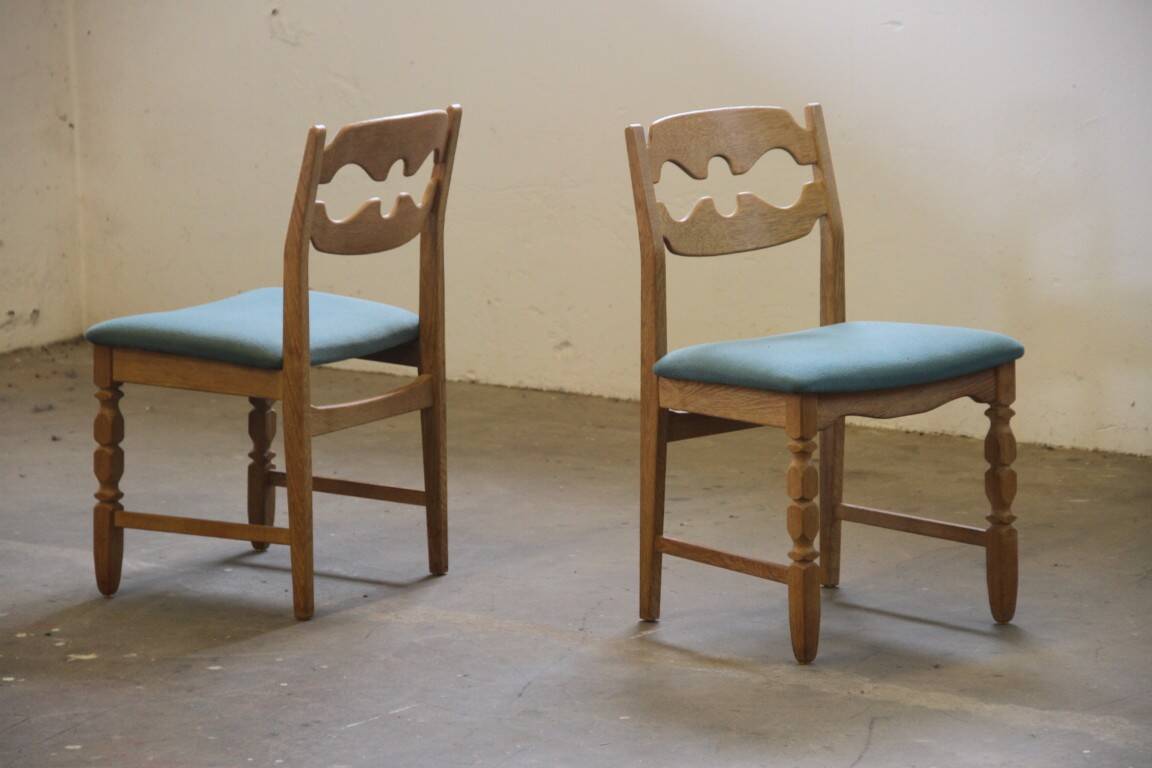 1960s Danish brutalist oak Razorblade dining chairs attributed to Henning Kjærnulf