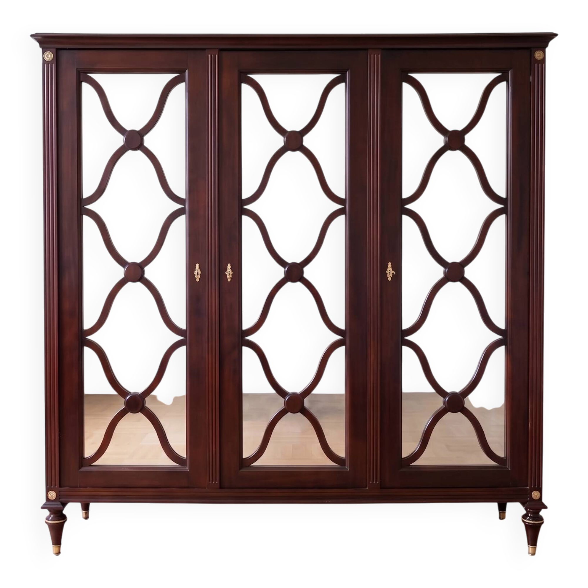 Large antique mahogany wardrobe with 3 mirror doors from the early 20th century.