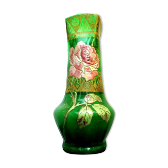 Legras vase à la ROSE, enamelled green glass, gold screen printed square neck
