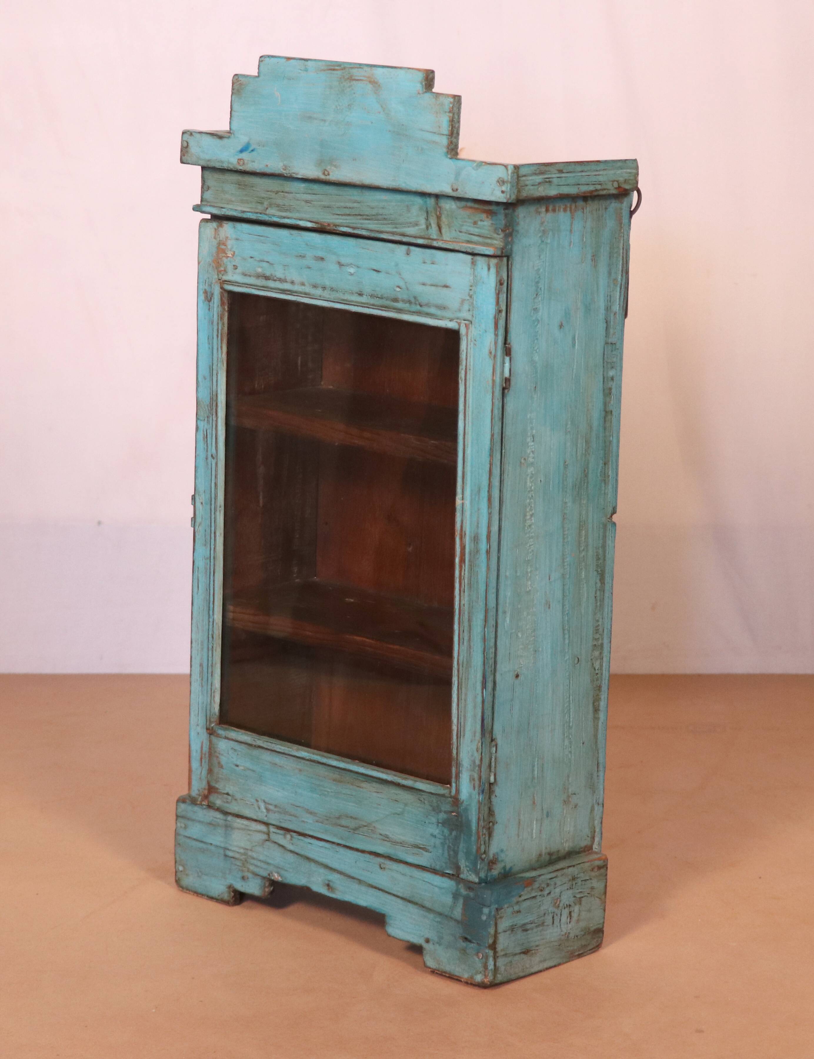 Old art deco wall display case in original blue teak burmese patina
