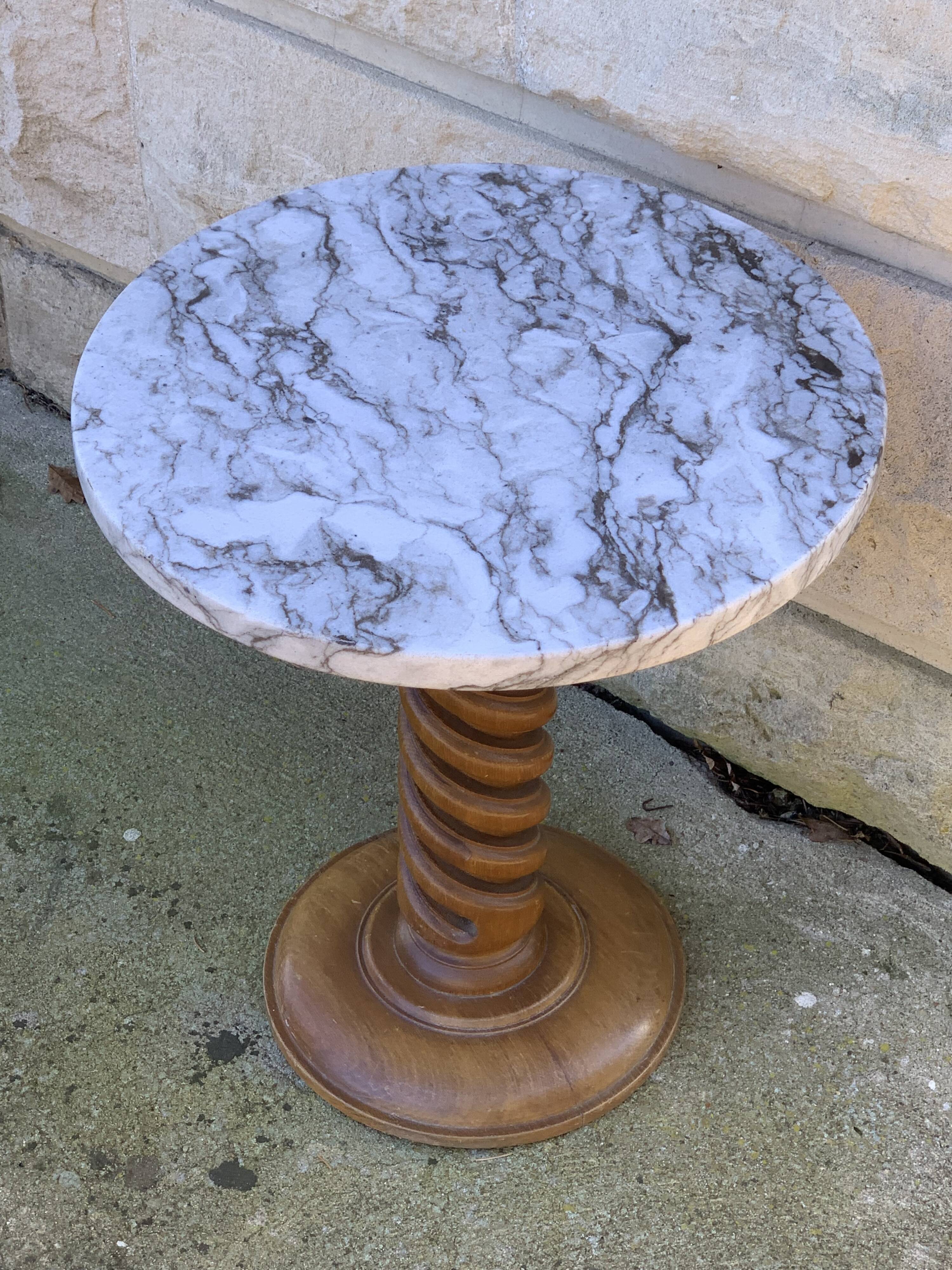 Vintage pedestal table turned wood and marble 1950