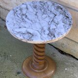 Vintage pedestal table turned wood and marble 1950