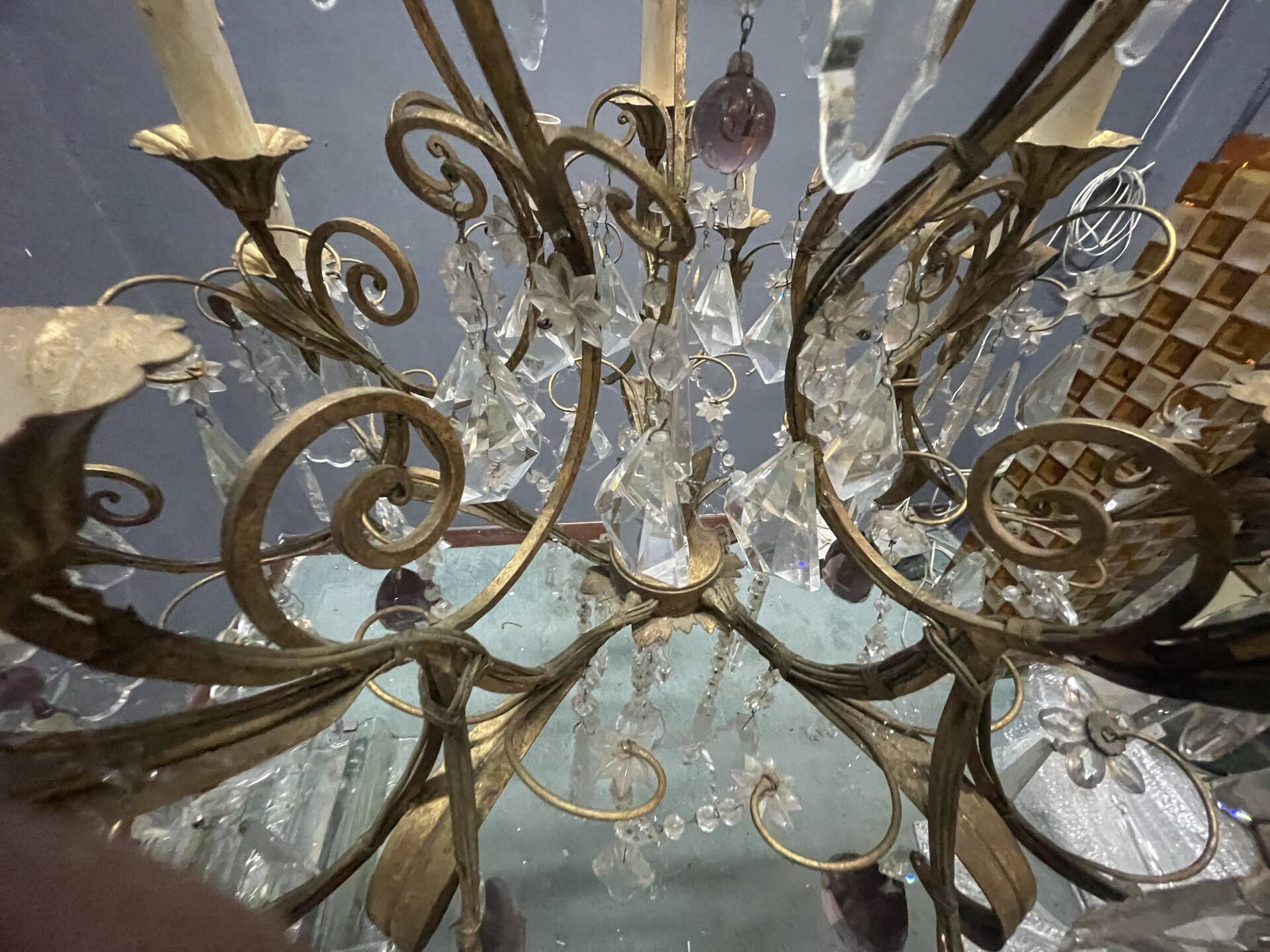 Large Florentine Tole Chandelier with Murano Glass Flowers, Italy, 195