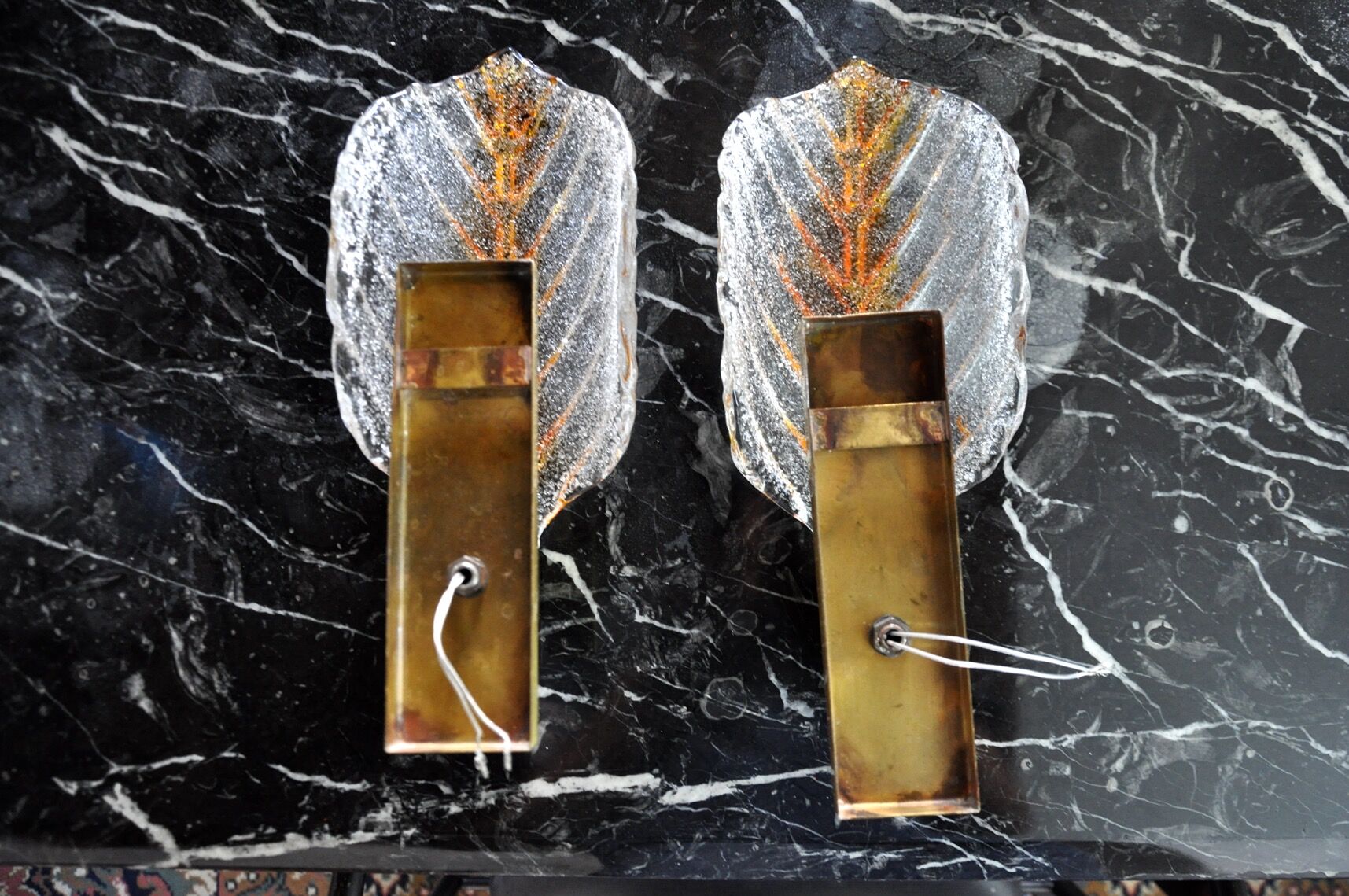 Pair of "leaf" wall lamps by Carl Fagerlund, orange Murano glass, Germany, 1970