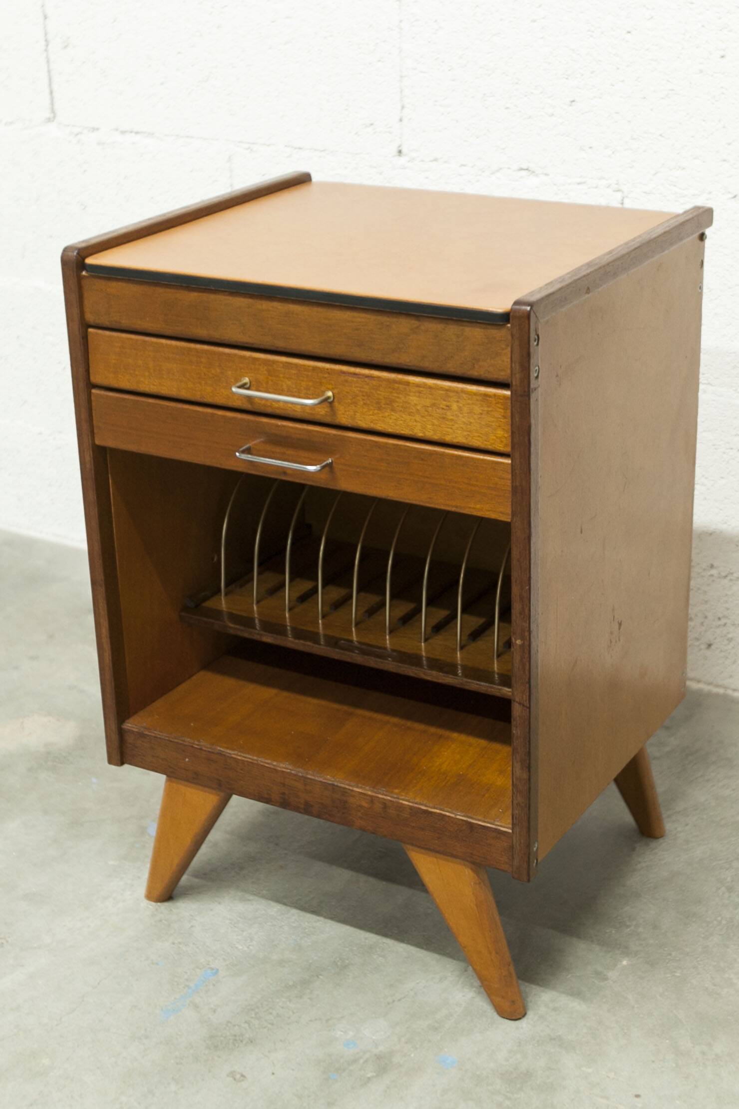 Unique 1960s bedside table with 15 complete games, compass legs, 1960s