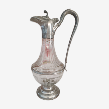 Aiguière, carafe à eau en verre galbé et étain style Art Nouveau