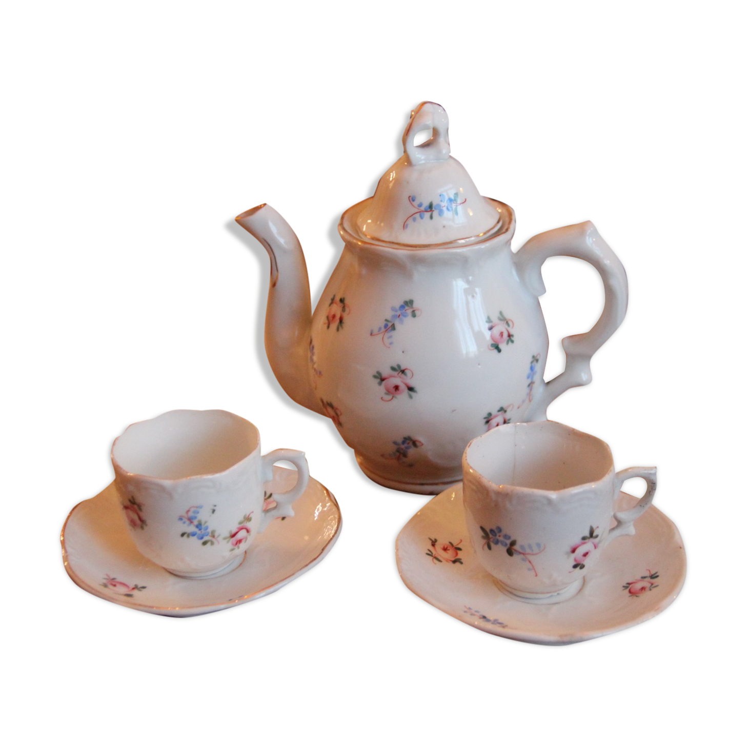 Service à moka en porcelaine fleurie peinte à la main