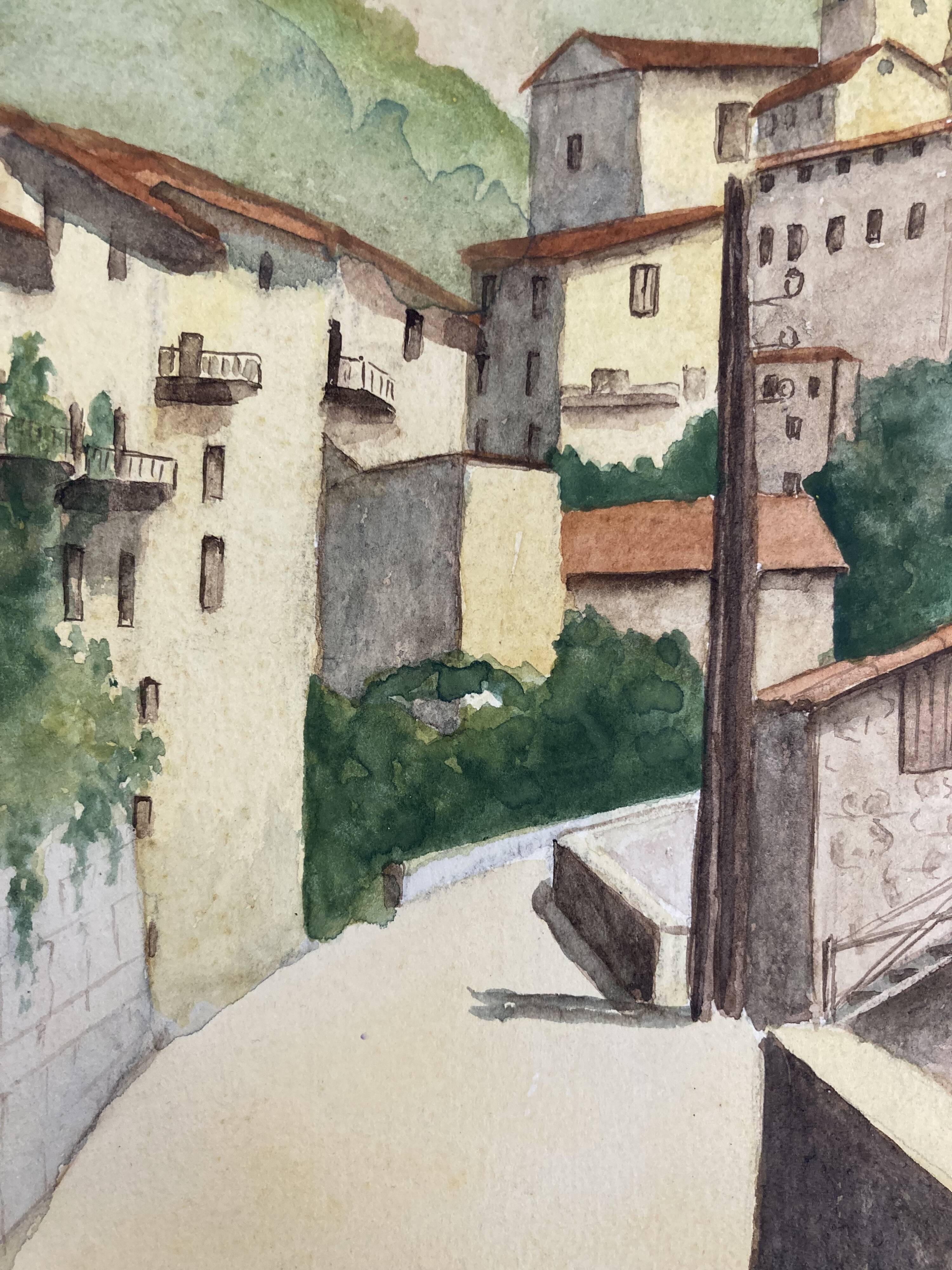Signed watercolor of landscape with bell tower
