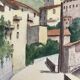 Signed watercolor of landscape with bell tower