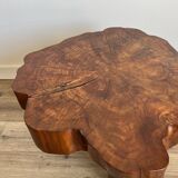 Brutalist coffee table, elm slice, tripod, 1960s