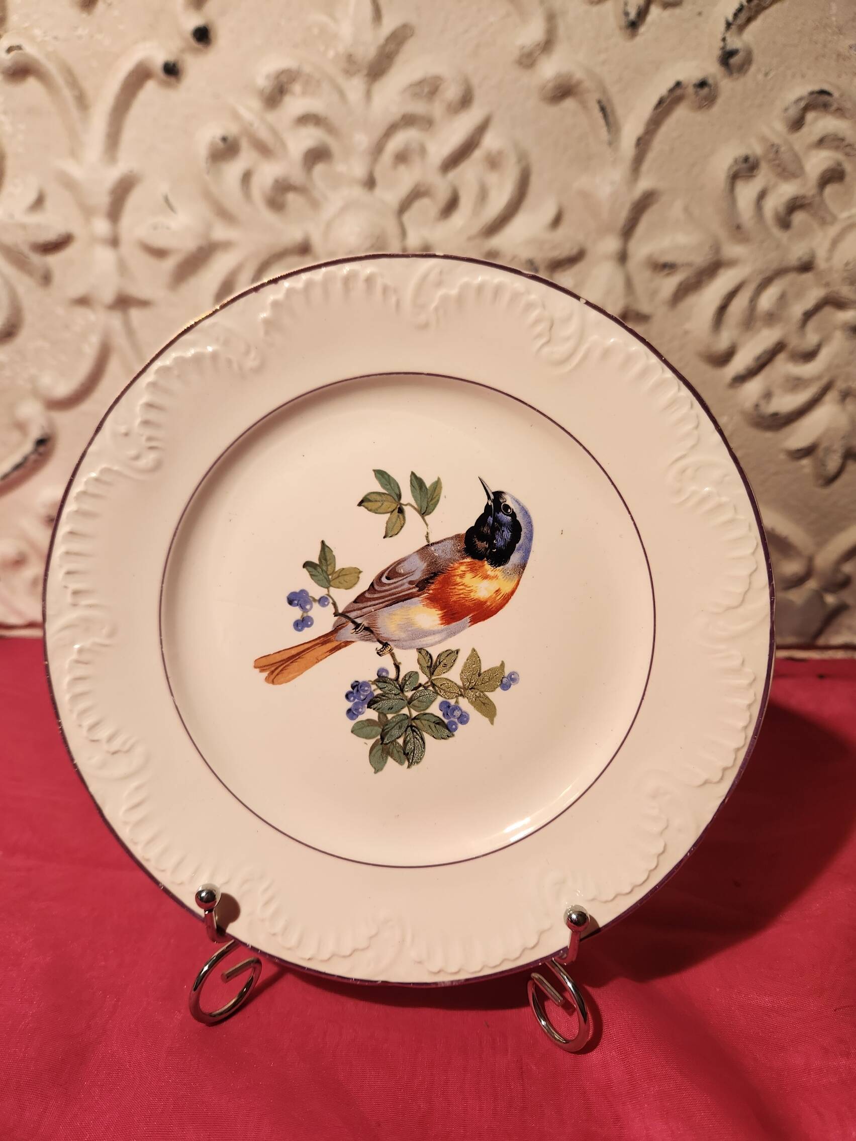 6 dessert plates Digoin Sarreguemines with coloured bird design.