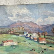Grand tableau de M. Canet - Paysage de campagne aux vaches