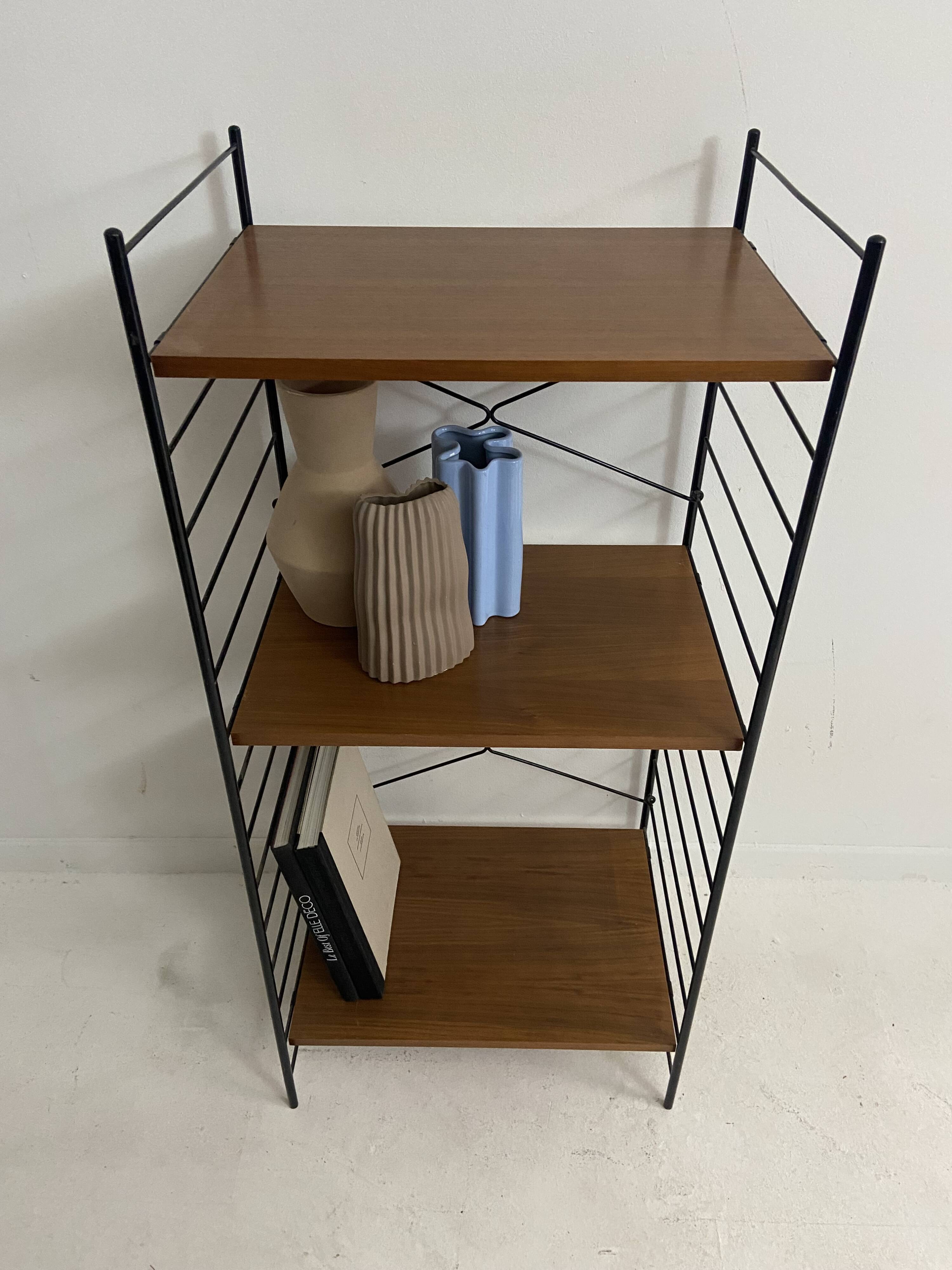 small vintage metal and teak string bookshelf