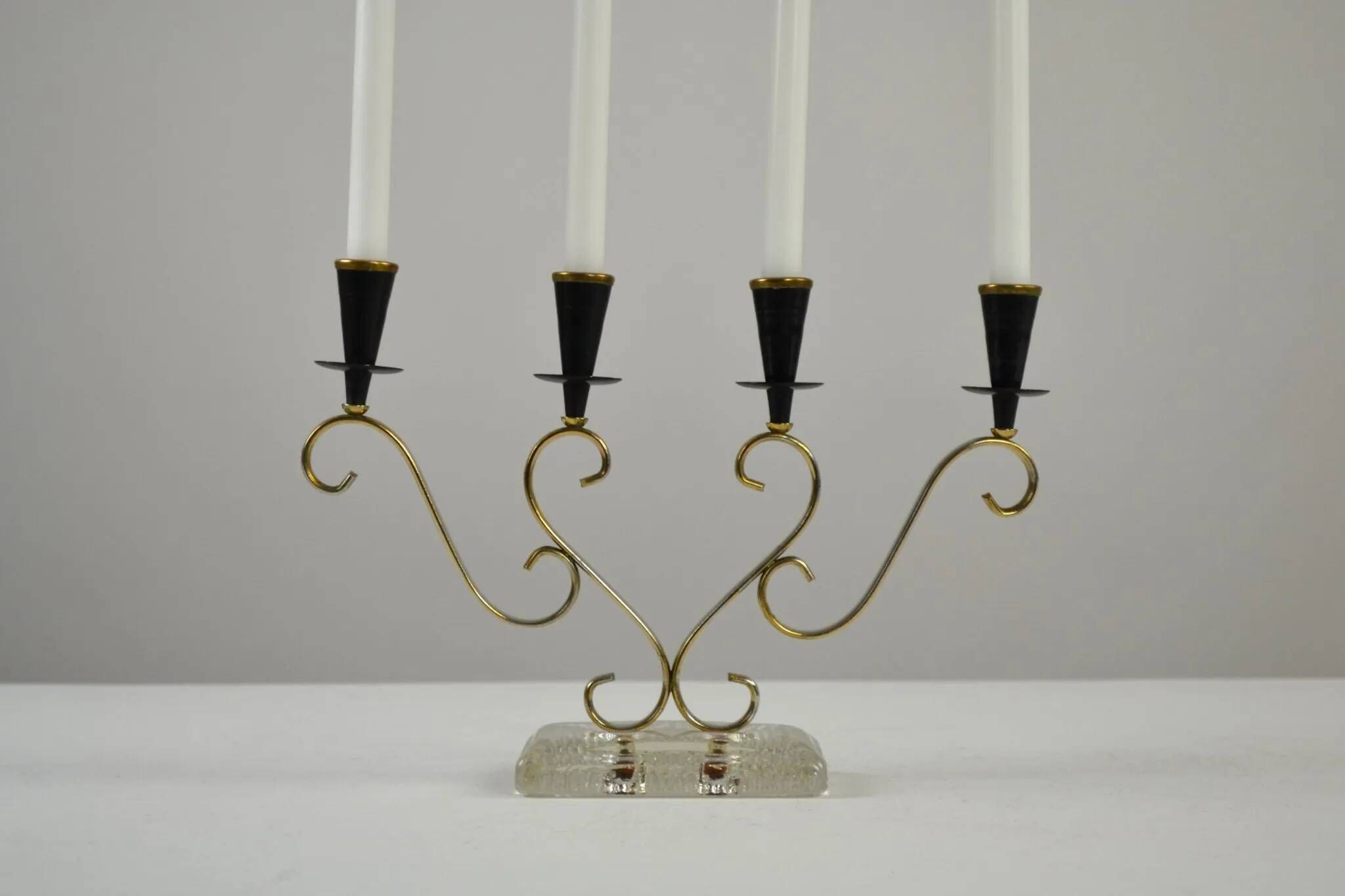 Brass Candelabra with Art Glass Base by Gunnar Ander for Ystad-Metall, Sweden, 1950s