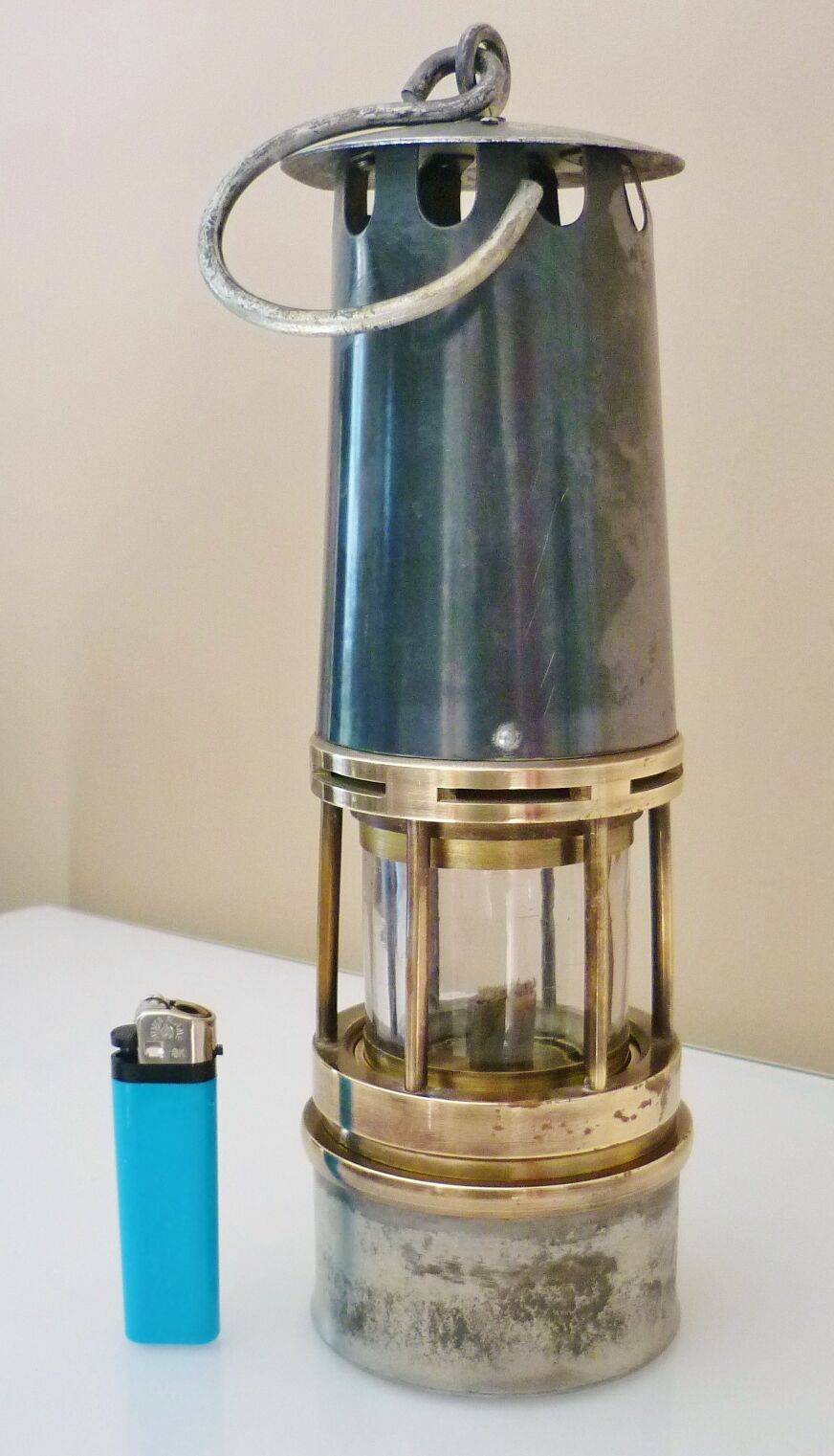Old miner's lamp, thick glass, brass, metal