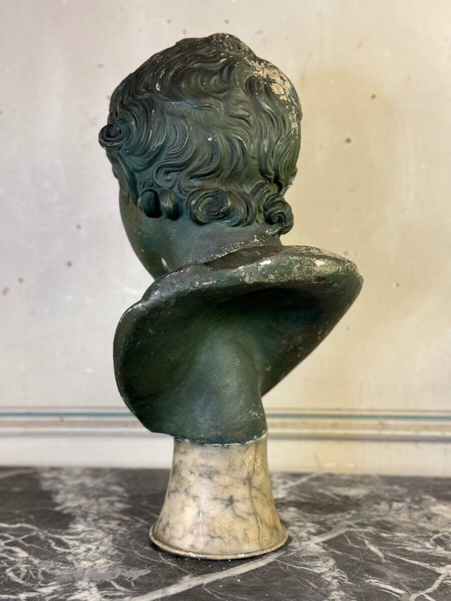 Young Boy, Plaster Bust with Green Patina, Circa 1900