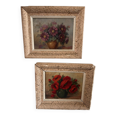 Paire de petits tableaux anciens – bouquets de fleurs – huiles sur toile marouflée – début XXe – ravissant et poétique