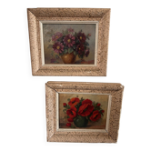 Paire de petits tableaux anciens – bouquets de fleurs – huiles sur toile marouflée – début XXe – ravissant et poétique