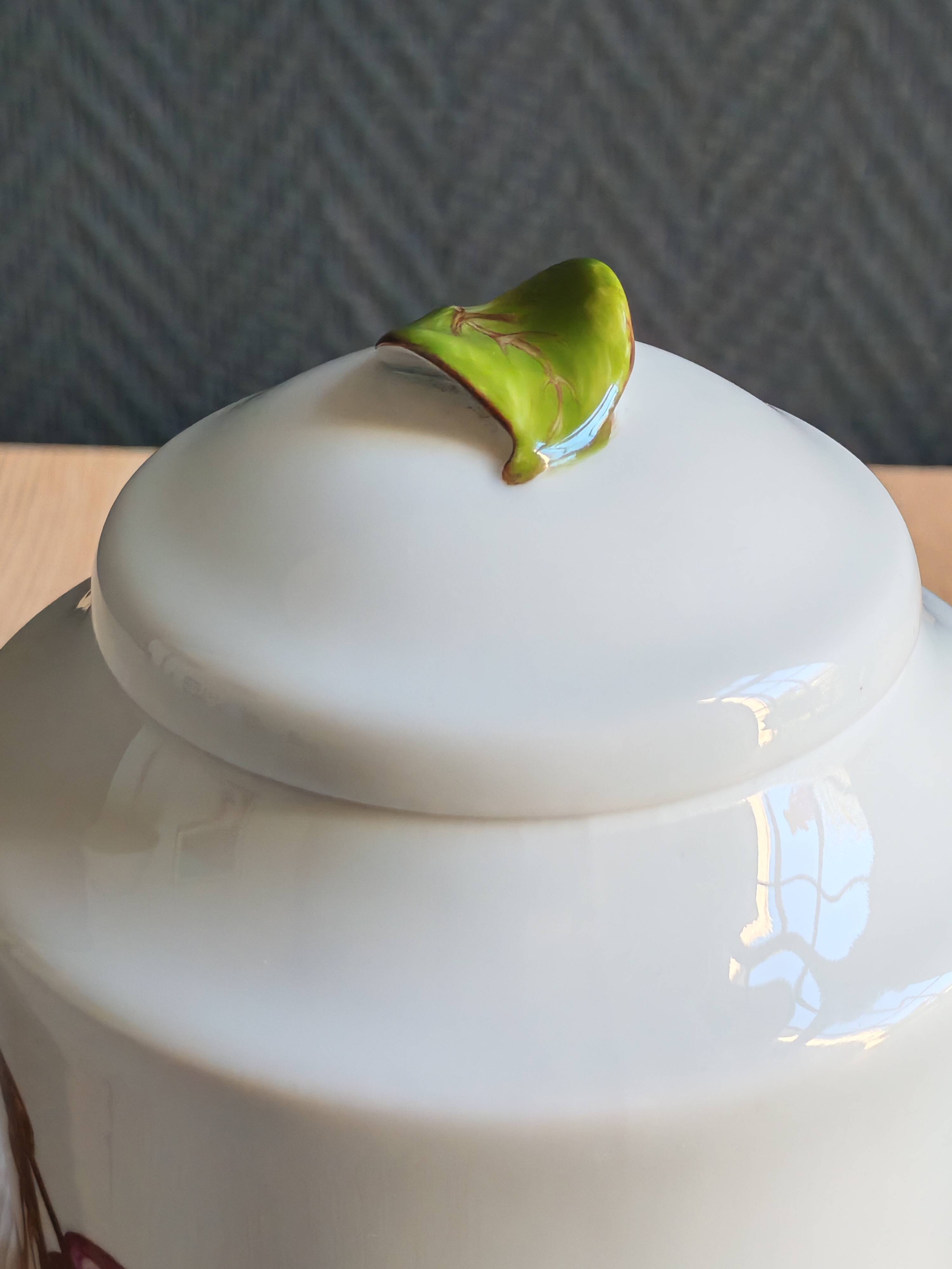 Porcelain jam pot with hand-painted plum design, signed sweet jar.