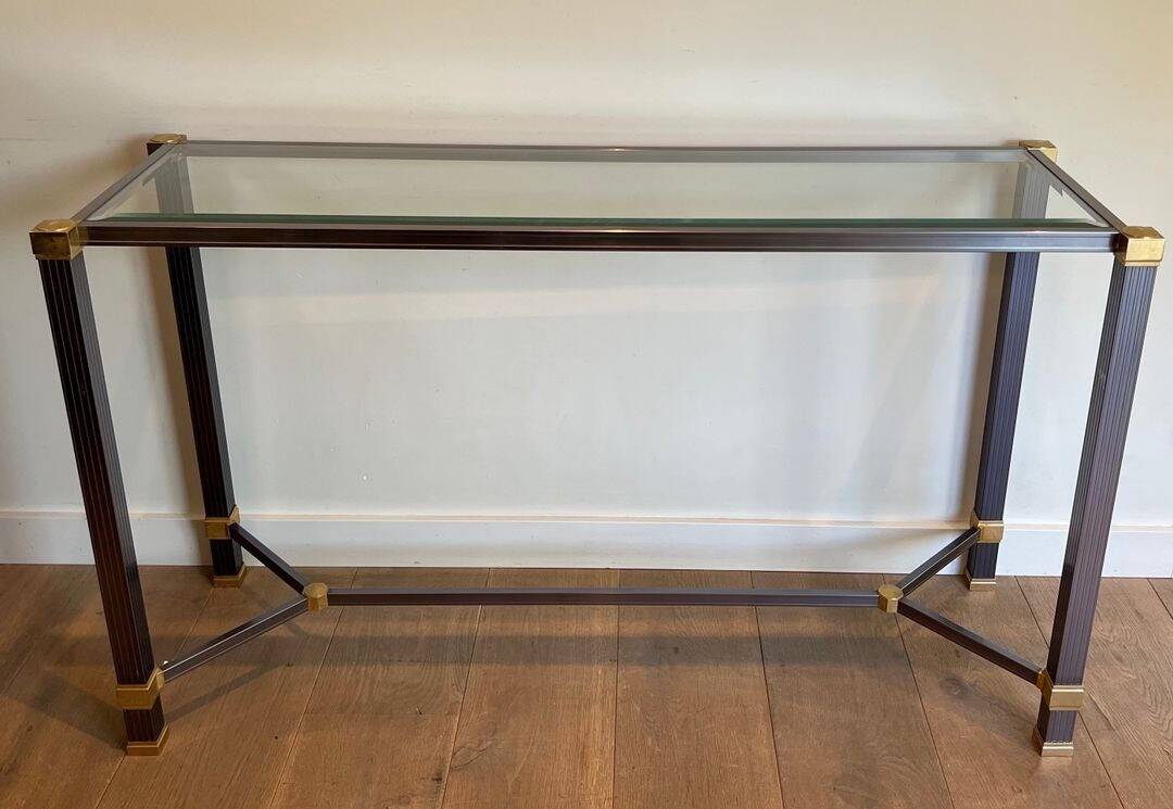 Glass Top Console in Lacquered Aluminium and Gold Metal, Pierre Vandel,