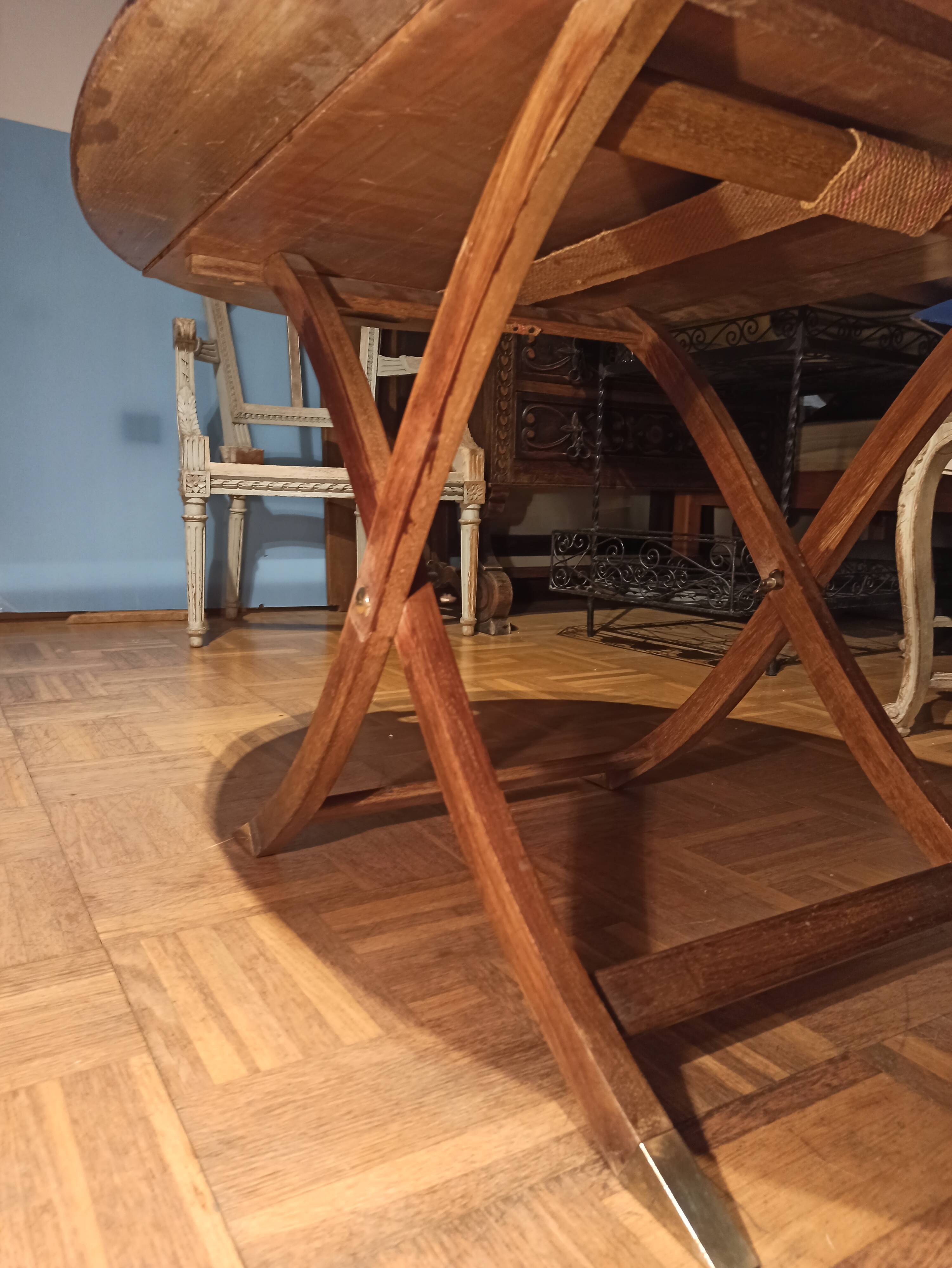 Folding coffee table type Butler marine boat wood and brass mahogany